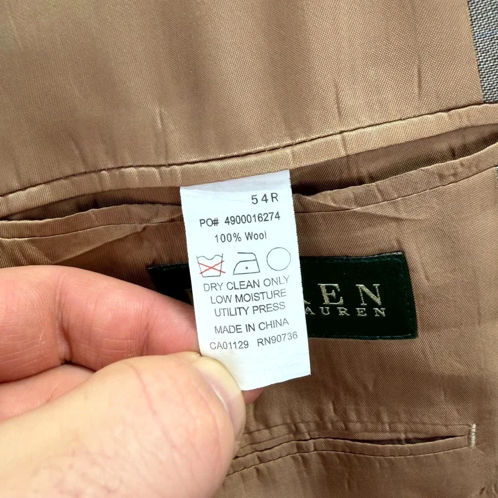 Lauren Ralph Lauren Blazer Jacket Mens 52R Tan‎ Glen Check Single Breasted Coat